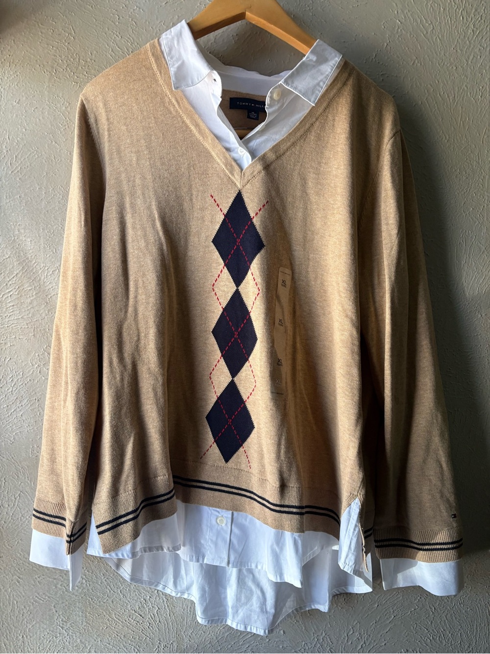 Tommy Hilfiger Tan V-Neck Argyle Sweater with Navy & Cream Diamond Panel